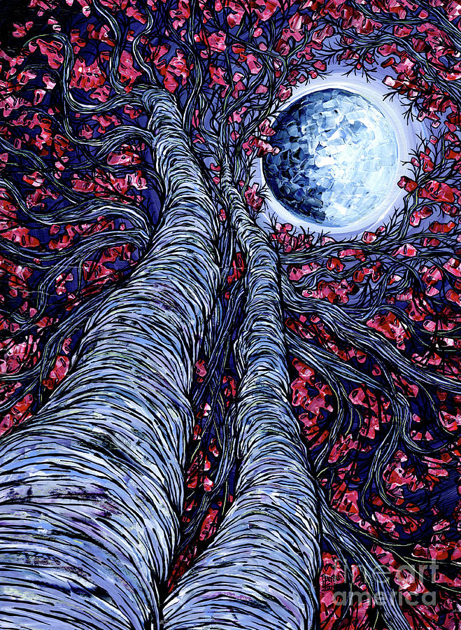 Supermoon Cherry Blossoms Painting by Tracy Levesque