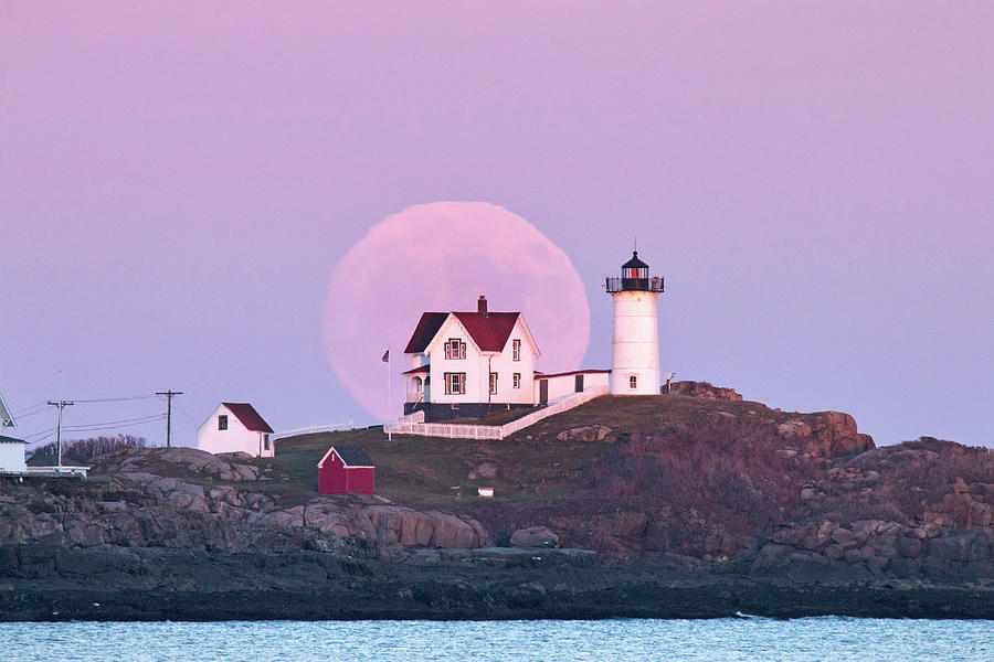 Sunset Photograph - Supermoon over Nubble Lighthouse by Eric Gendron