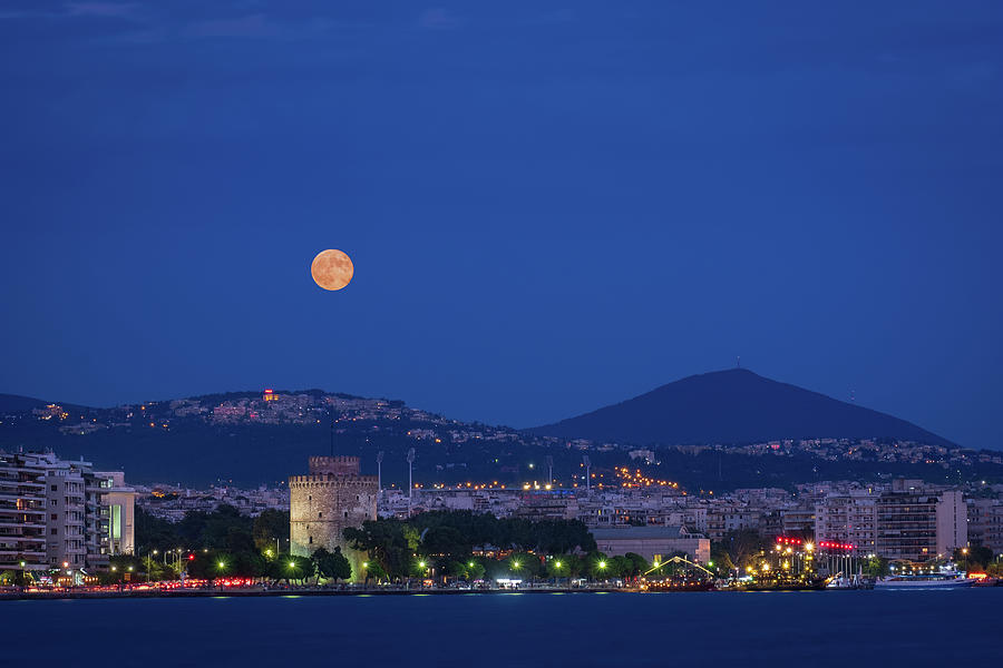 Supermoon over the White Tower of Thessaloniki Photograph by Alexios Ntounas