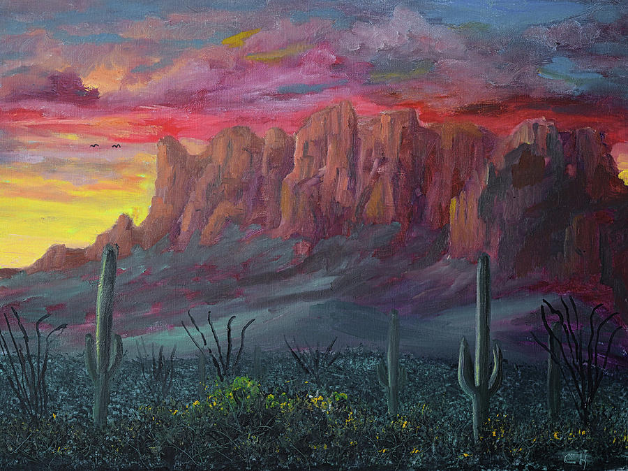 Superstition Mountains Sunrise Painting by Chance Kafka