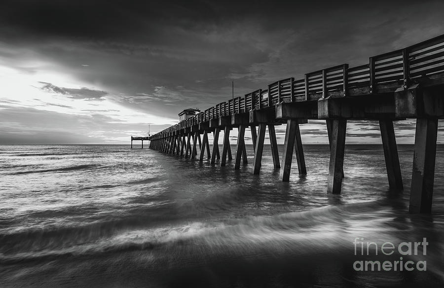 Surf at Venice Fishing Pier, Black and White Photograph by Liesl Walsh