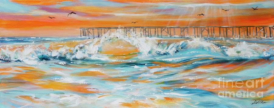 Surf by Pier Sunset Painting by Linda Olsen