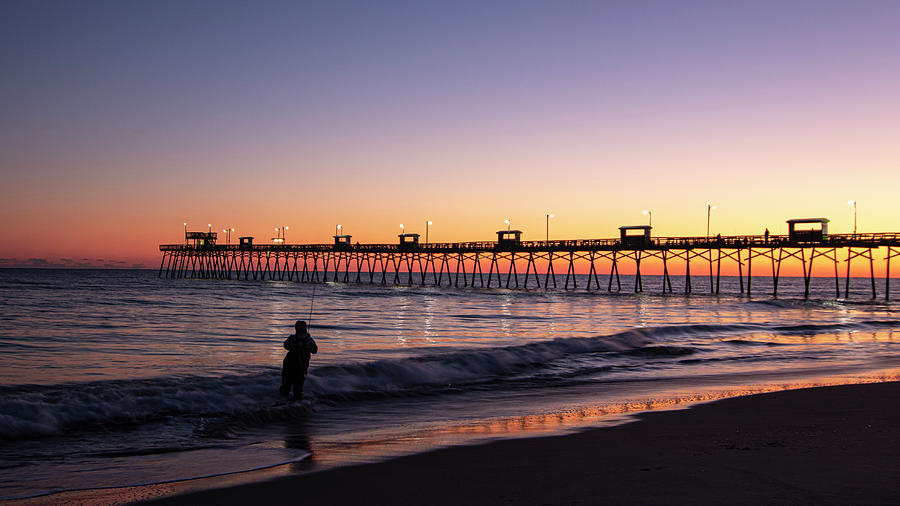 Surf Fisherman and Bogue Inlet Pier at Sunset Photograph by Bob Decker