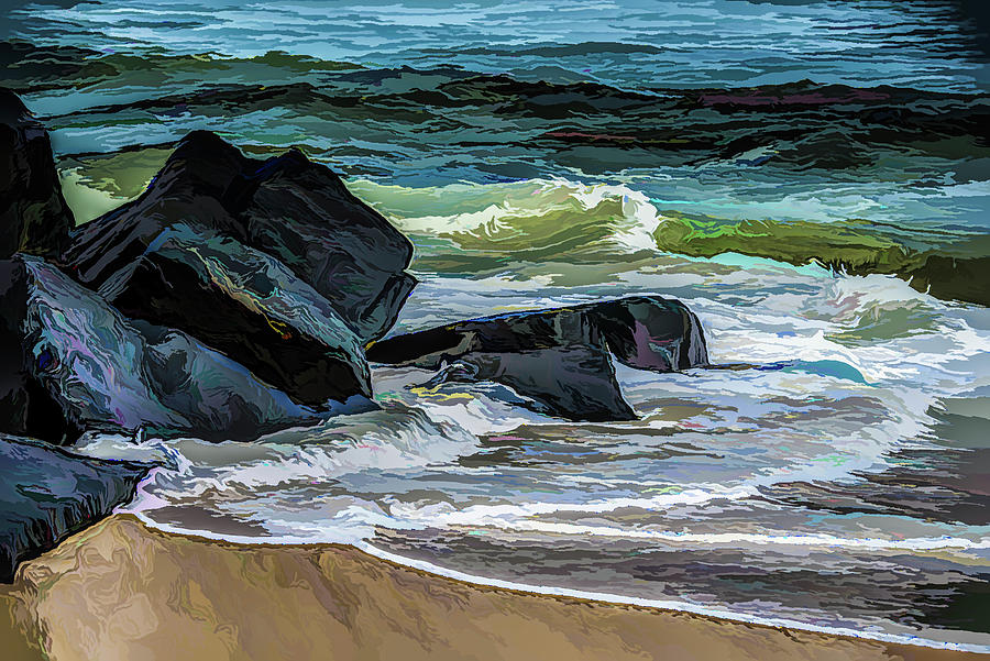 Surf on the Rocks and Sand - acrylic Photograph by Alan Goldberg