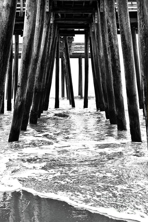 Surf, Sand And Fishing Pier In Black And White Photograph