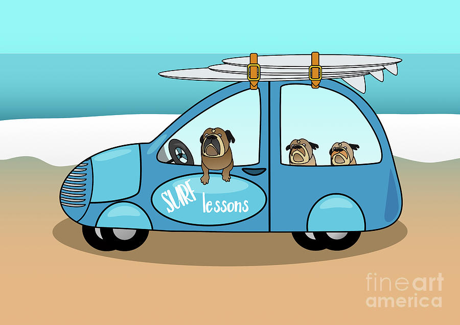 Surf Van Offering Lessons at the Beach for English Bulldogs Digital Art by Barefoot Bodeez Art