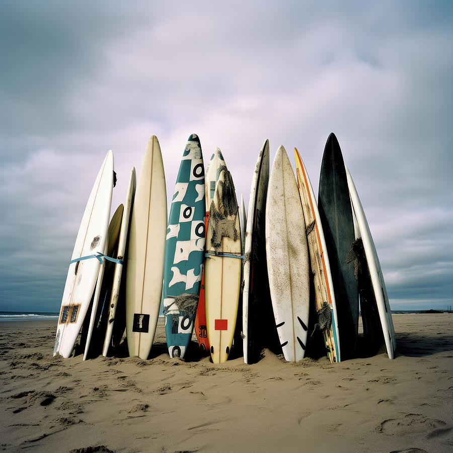 Still Life Digital Art - Surfboards on Beach Standing Tall by YoPedro
