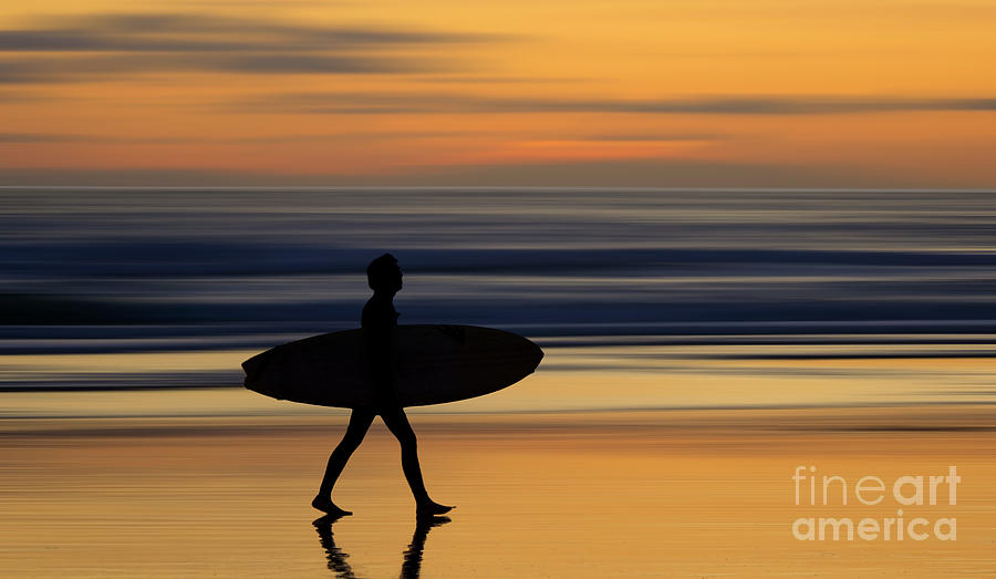 Surfer At Dusk In Huntington Beach Photograph