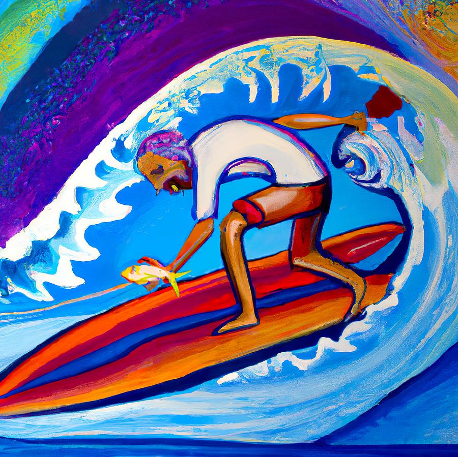 Surfer catching a wave and a fish Painting by KFX Productions - Fine ...