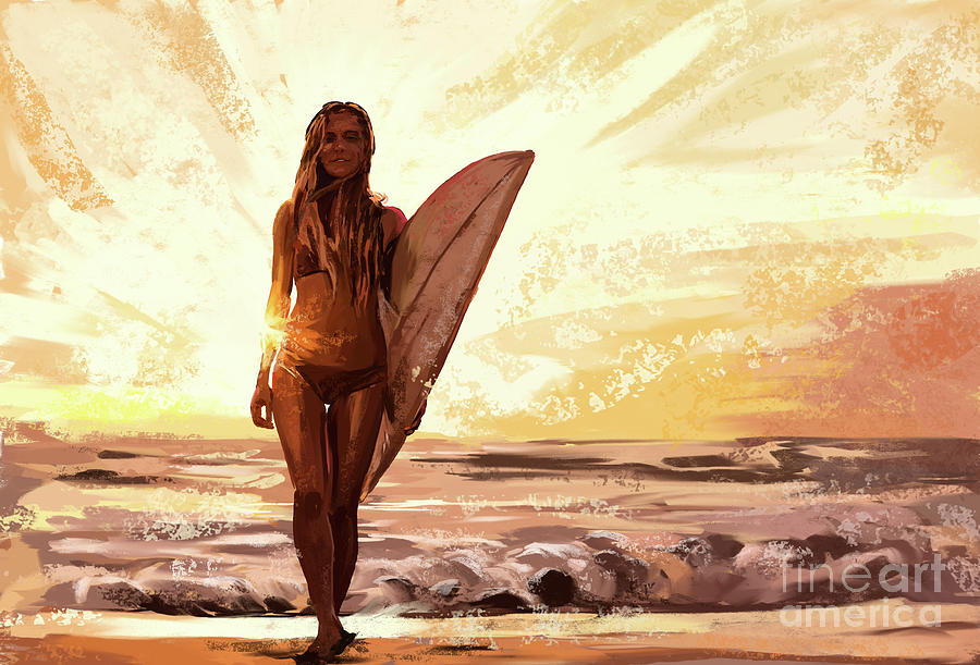 Surfer Girl On The Beach At Sunset Painting by Tim Gilliland