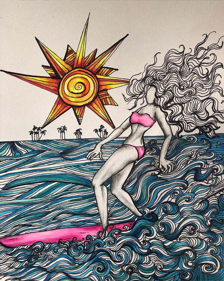 Surfer girls Drawing by Anna Hackler