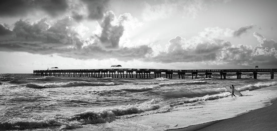 Surfer Panorama Black and White Photograph by Debra and Dave Vanderlaan