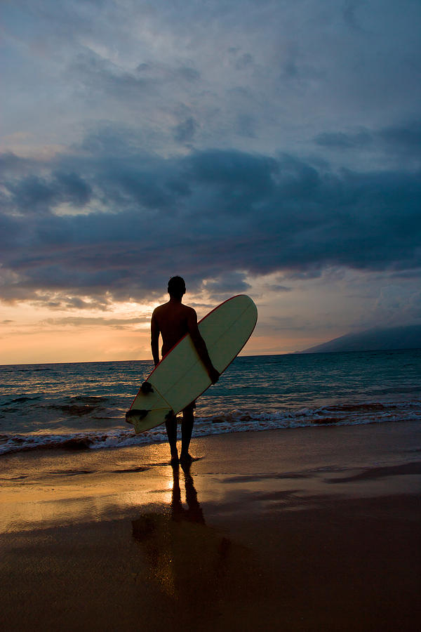 Surfer silhouette sunset, Hawaii Photograph by M Swiet Productions