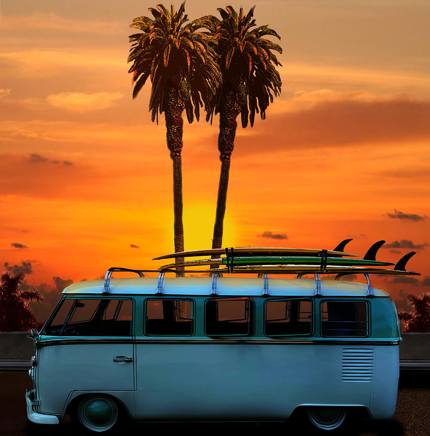 Surfer Vw Bus With Gorgeous Orange Sunset Photograph by Larry Butterworth