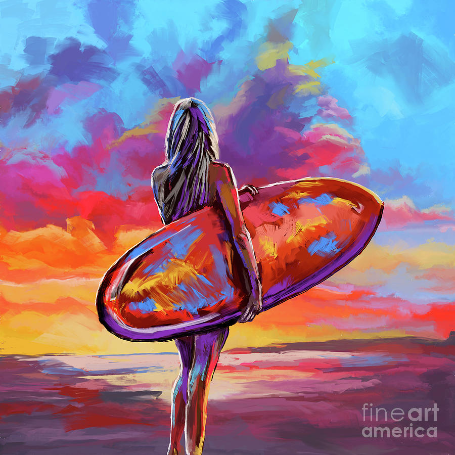 Surfer Waiting At Sunset Painting by Tim Gilliland