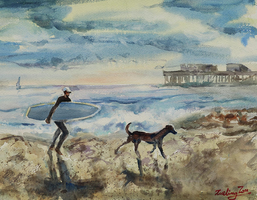 Surfer with Dog on Capitola Beach Painting by Xueling Zou