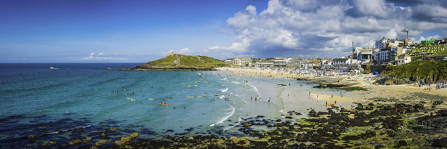 Surfers and sunbathers on sandy beach St Ives panorama Cornwall Photograph by fotoVoyager