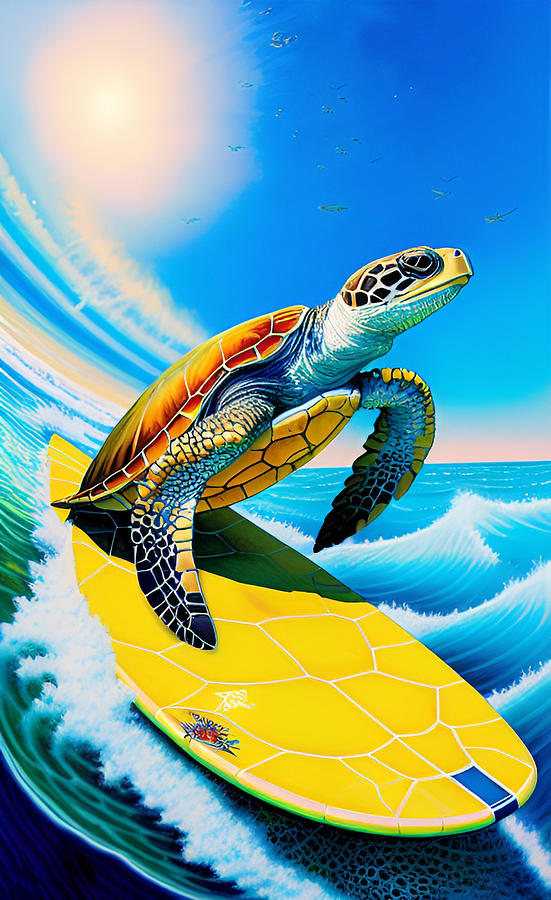 Surfing at Turtle Beach - Whimsical  Digital Art by Ronald Mills