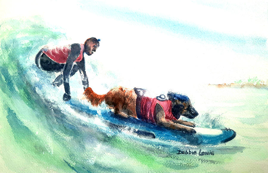 Surfing Buddies Painting by Debbie Lewis