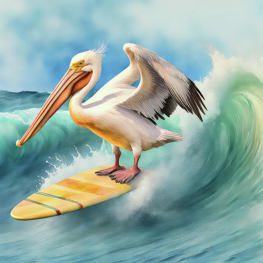Surfing Pelican Whimsy Digital Art by HH Photography of Florida