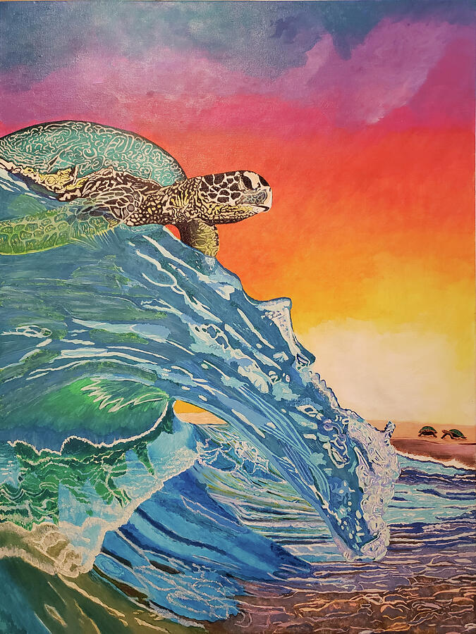 Surfing Sea Turtle Painting by Angela Brunson - Pixels