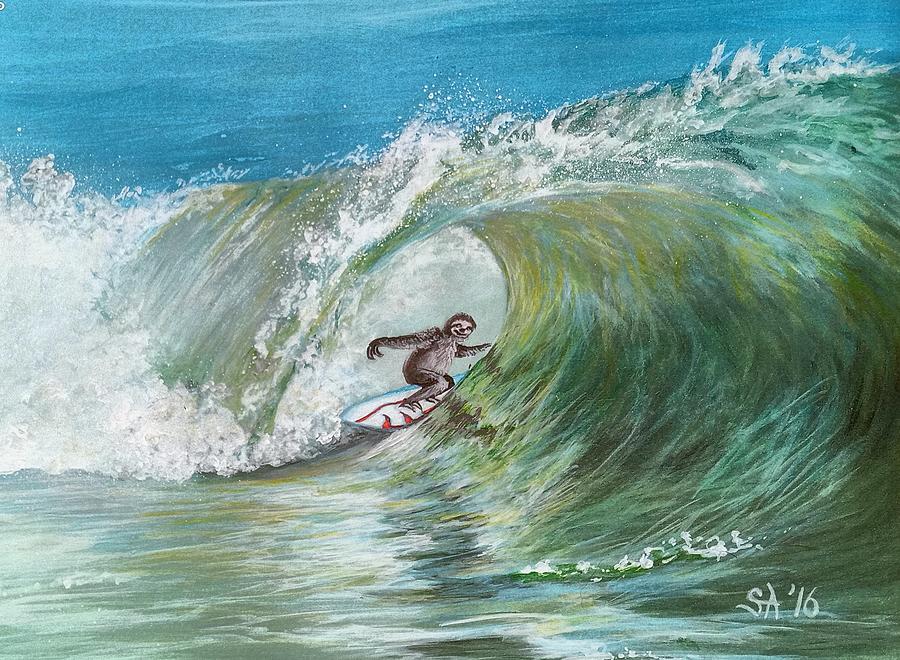 Surfing Sloth Ripcurl Wave Painting by Sonya Allen