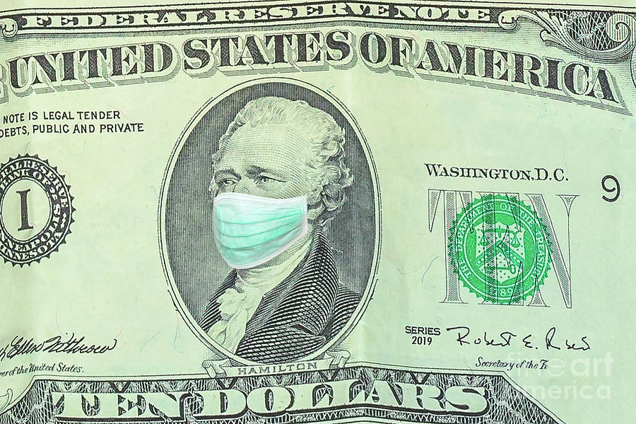 Surgical mask on United States ten dollar bill Photograph by Benny Marty