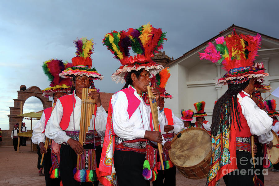 Music Photograph - Suri sikuris dance group Taquile Island Peru by James Brunker