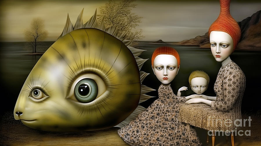 Surreal artwork featuring a large fish with human eyes and a family. Digital Art by Odon Czintos