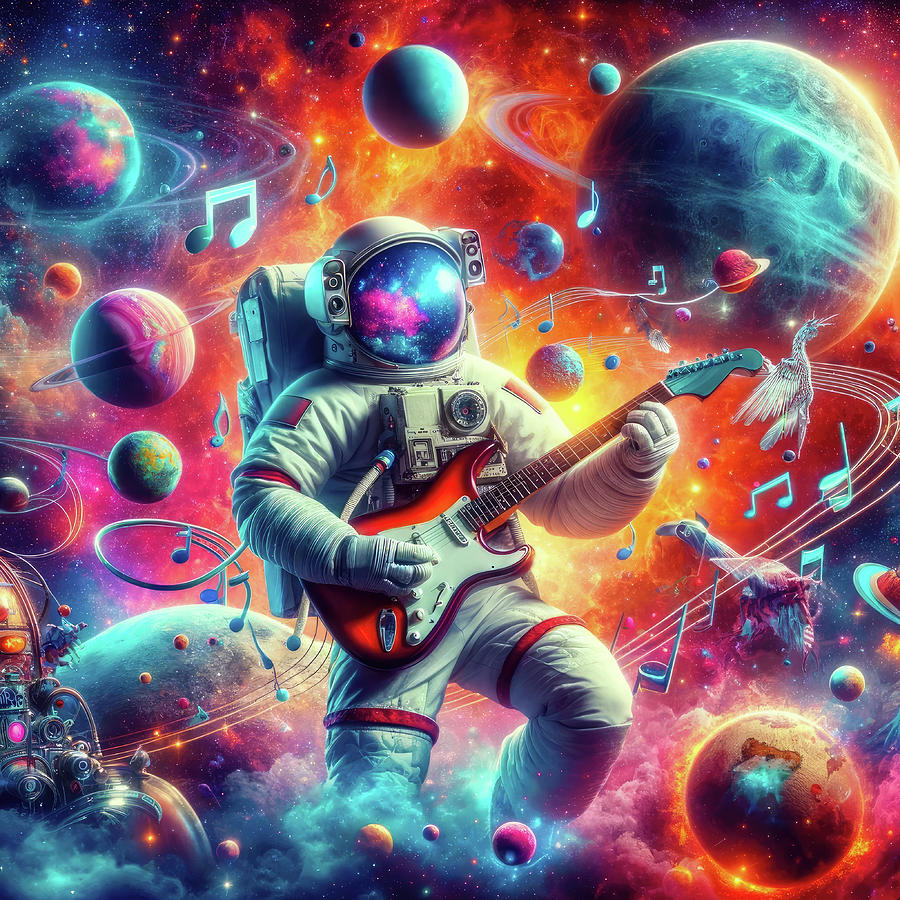 Surreal Astronaut playing Guitar in Space Digital Art by Matthias Hauser