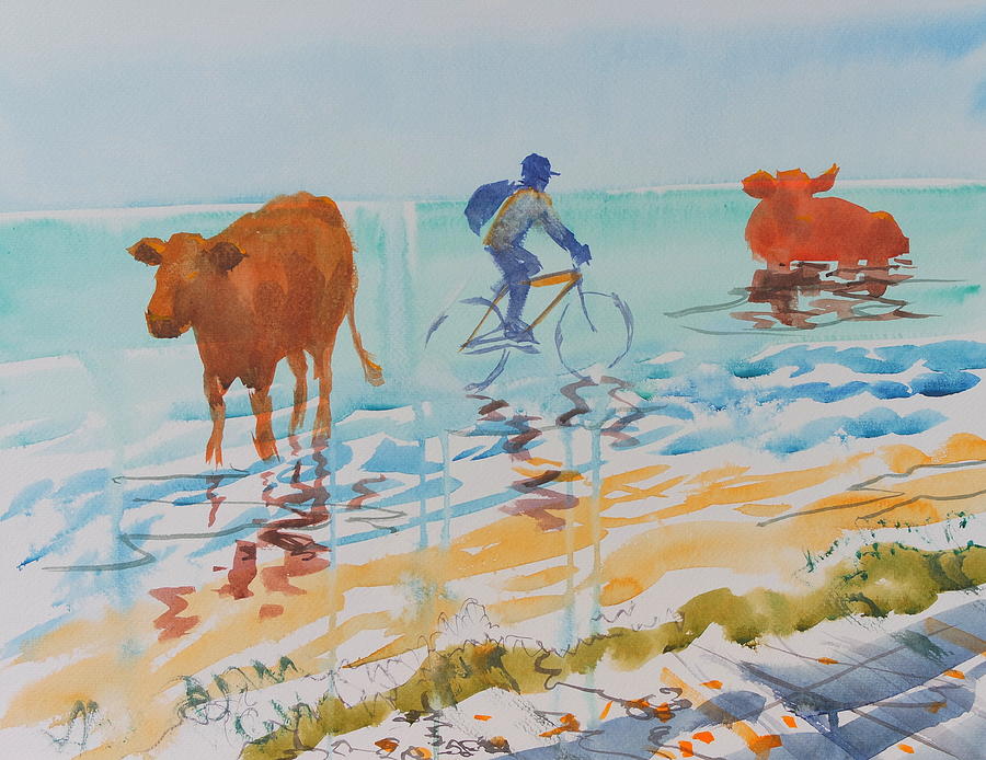 Surreal cattle and cyclist on the sea Painting by Mike Jory