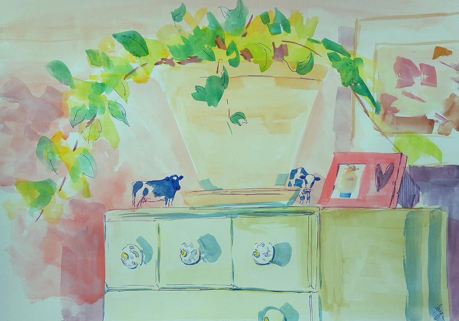Surreal cows on furniture painting Painting by Mike Jory