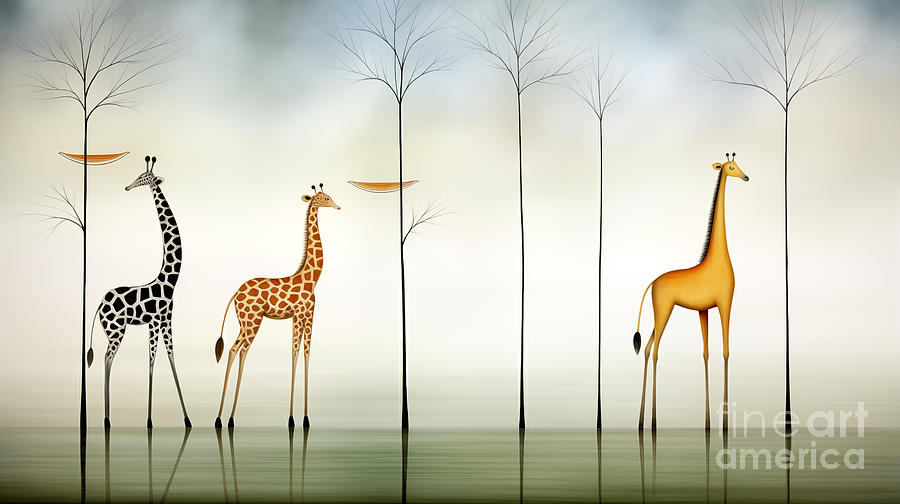 Surreal depiction of giraffes with varying patterns standing next to slender trees. Digital Art by Odon Czintos