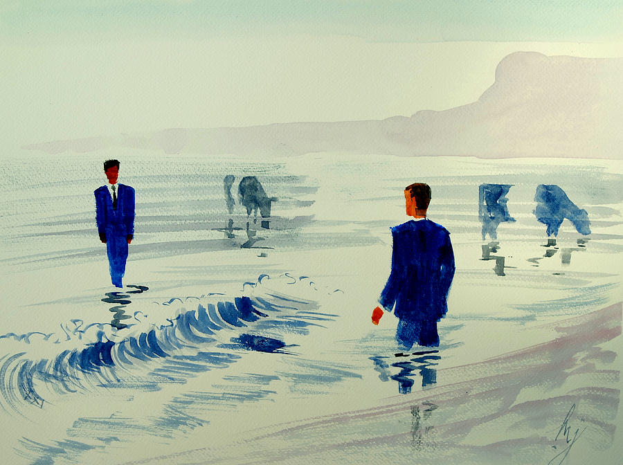 Surreal dream like belted galloway cows men in suits seaside painting Painting by Mike Jory