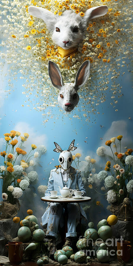 Surreal elements combine to create a visually striking scene with anthropomorphic rabbits  Digital Art by Odon Czintos