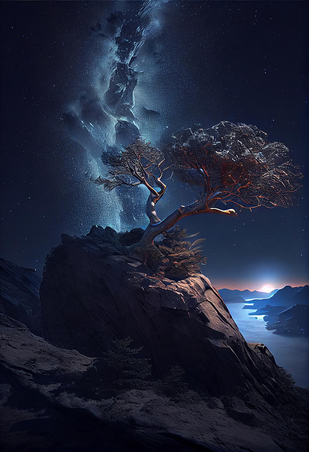 Surreal  Giant  Celestial  Tree  On  Top  Of  A  Mounta  By Asar Studios Digital Art