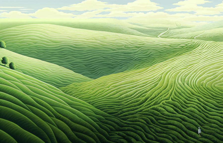 Surreal green landscape with hills and fields Digital Art by Andrey ...