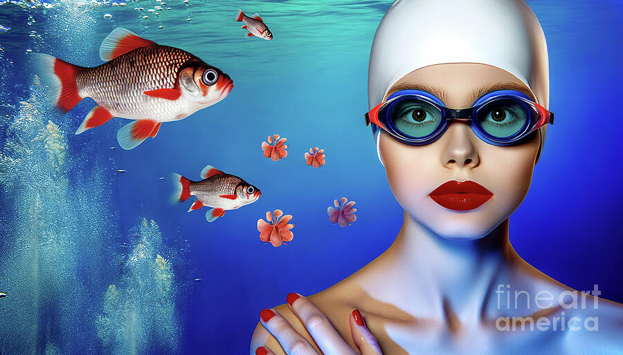 Surreal image of a woman with striking red lips and swim goggles surrounded by fish Digital Art by Odon Czintos