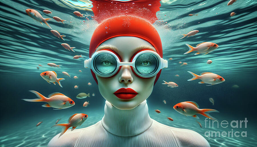 Surreal image of a womans face underwater with goggles reflecting a seascape Digital Art by Odon Czintos