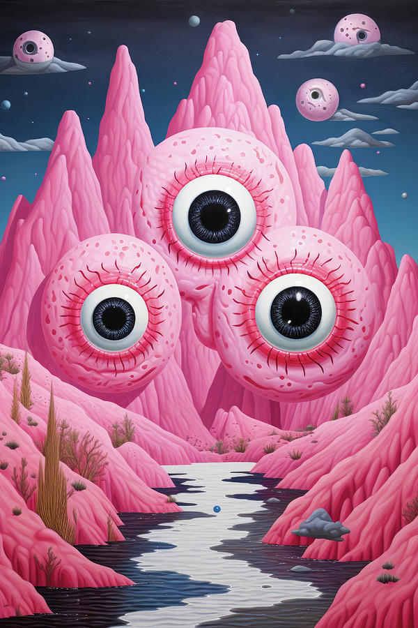 Surreal Landscape 02 Pink Mountains with Eyes Digital Art by Matthias Hauser