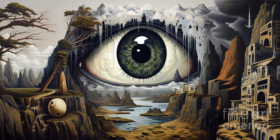 Surreal landscape featuring a giant eye overlooking a fantastical realm with cliffs Digital Art by Odon Czintos