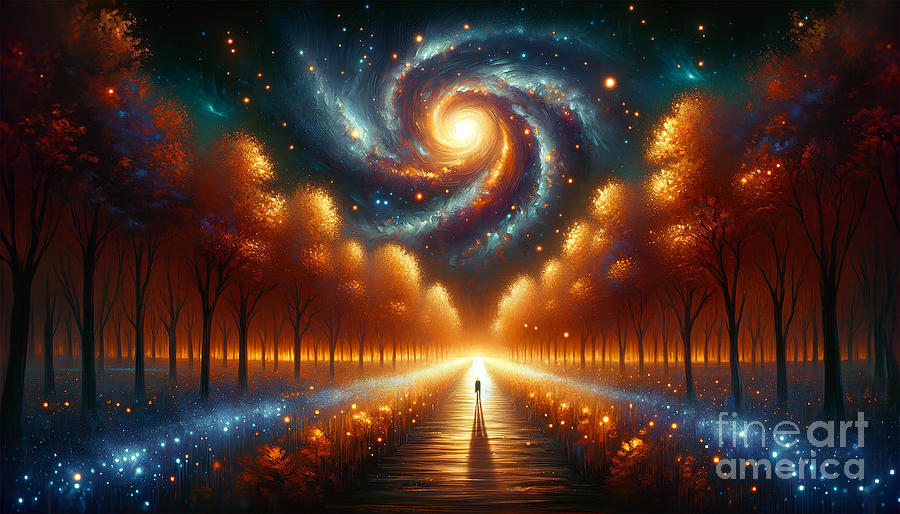 Surreal landscape with a person walking on a wooden path towards a vibrant galactic Digital Art by Odon Czintos