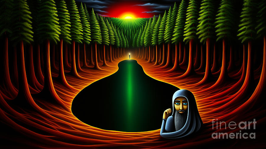 Surreal landscape with vibrant trees lining a path leading to a sunset, a large figure. Digital Art by Odon Czintos