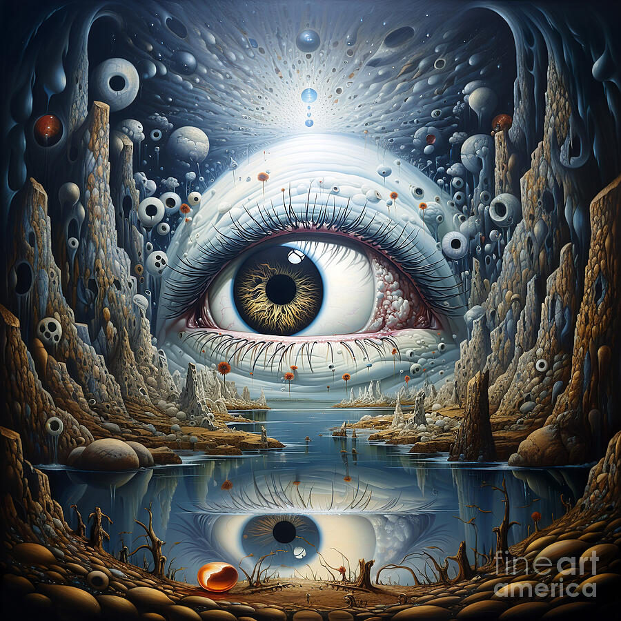 Surreal painting of a giant eye amidst a fantastical landscape with multiple orbs Digital Art by Odon Czintos