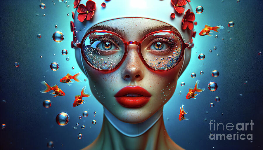 Surreal portrait of a woman with red glasses, her face partially submerged in water Digital Art by Odon Czintos