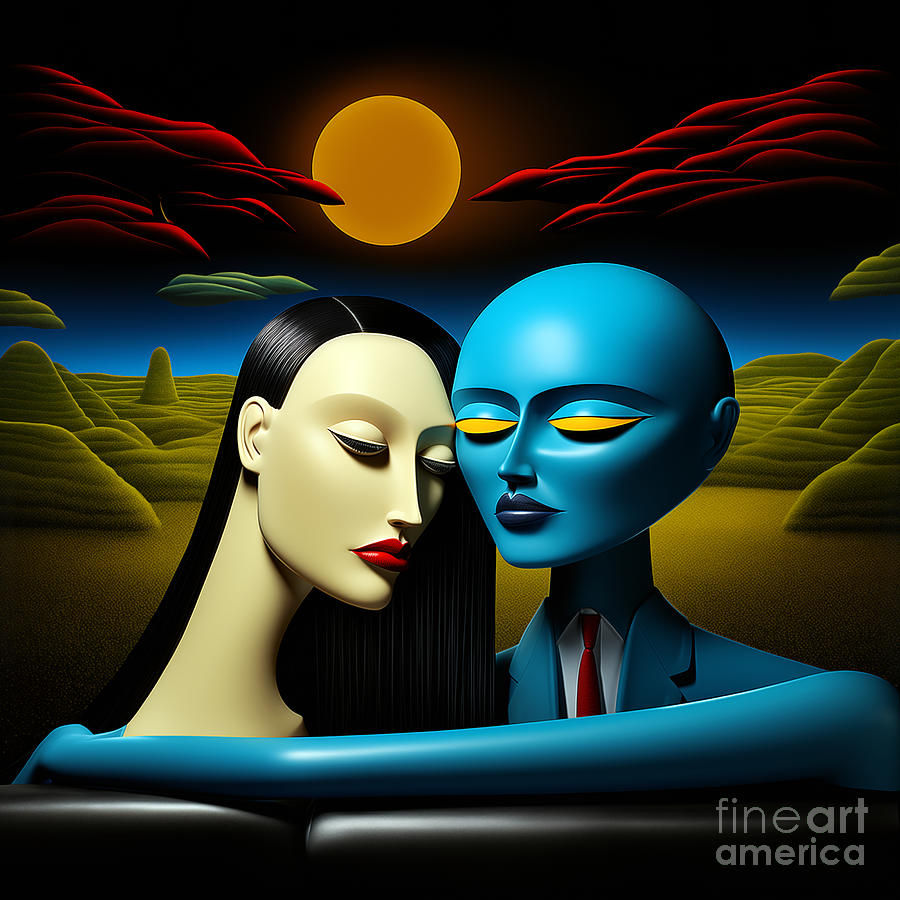 Sunset Digital Art - Surreal portrait of two figures with sharp color contrast by Odon Czintos