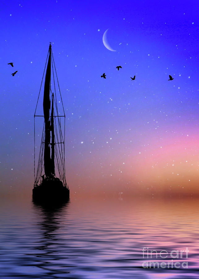 Surreal Sailboat Birds Crescent Moon Fantasy Stars Photograph by Stephanie Laird