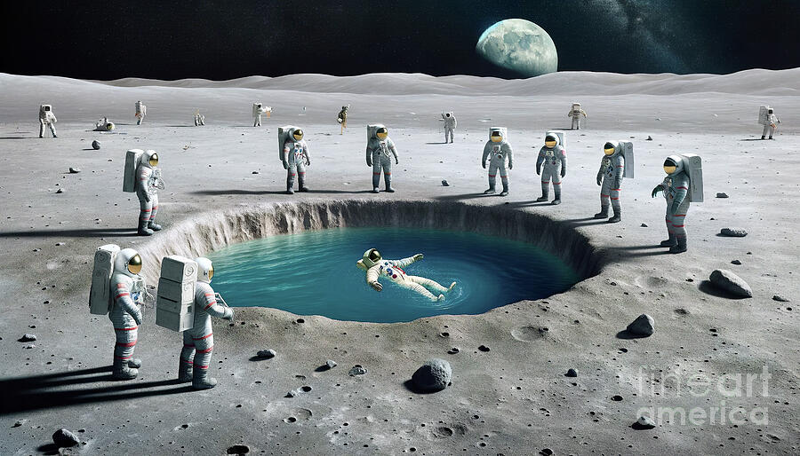 Surreal scene of astronauts on the moon with one floating in a water-filled crater. Digital Art by Odon Czintos