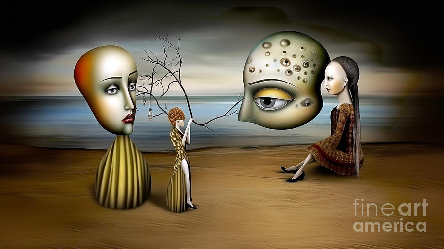 Surreal scene with three stylized heads in a desert-like landscape. Digital Art by Odon Czintos