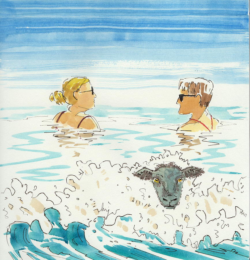 Surreal see swimmers with sheep in wave painting Painting by Mike Jory
